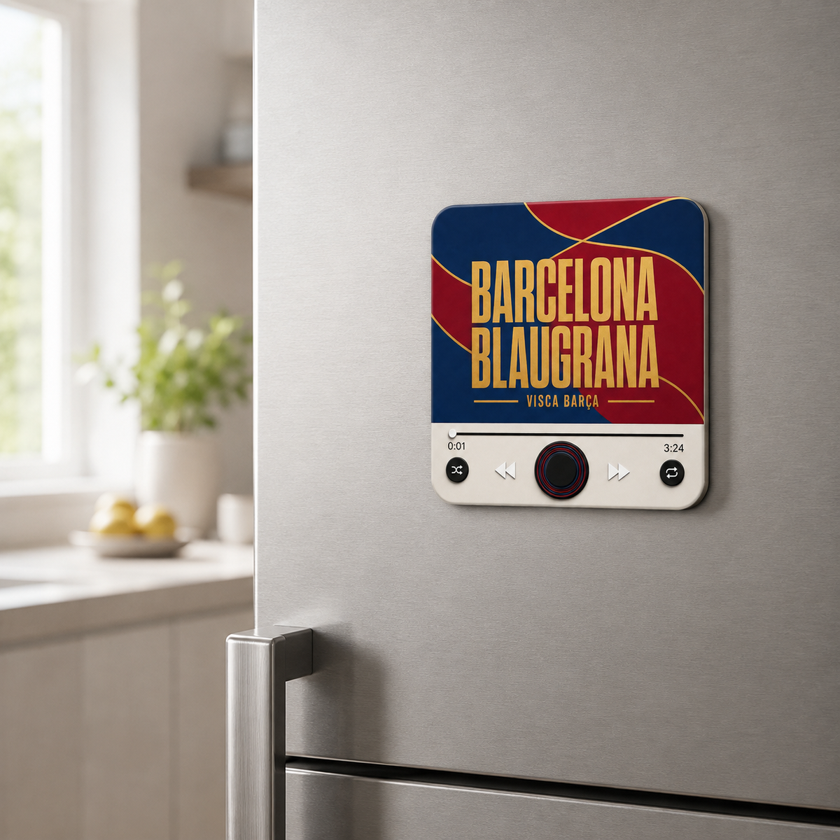 Magnete sonoro da calcio Barcelona Blaugrana — su un frigorifero