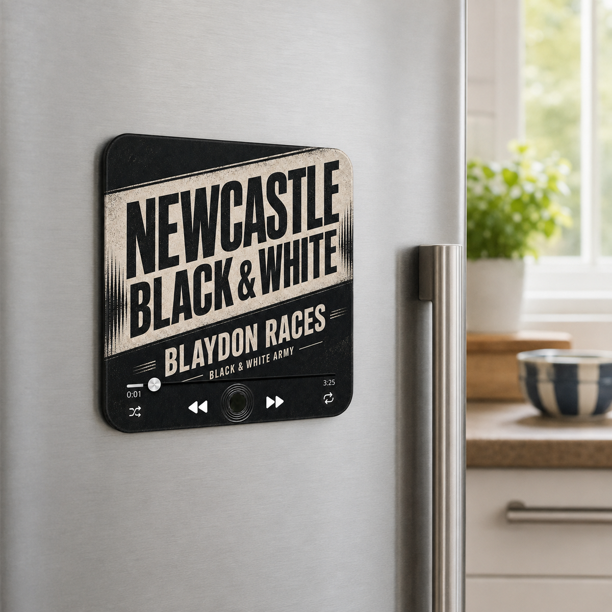 Newcastle Black and White magnete sonoro da calcio su un frigorifero