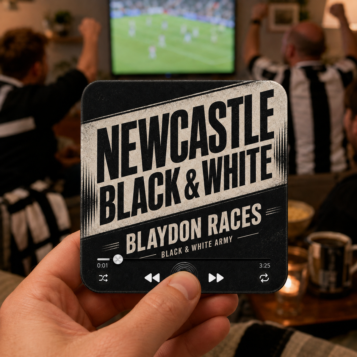 Newcastle Black & White magnete sonoro da calcio tenuto in mano during a football match at home