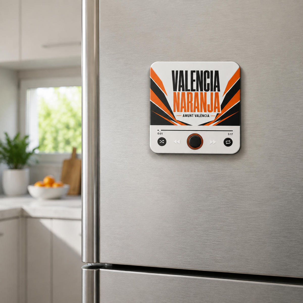 Magnete sonoro da calcio Valencia Naranja — su un frigorifero