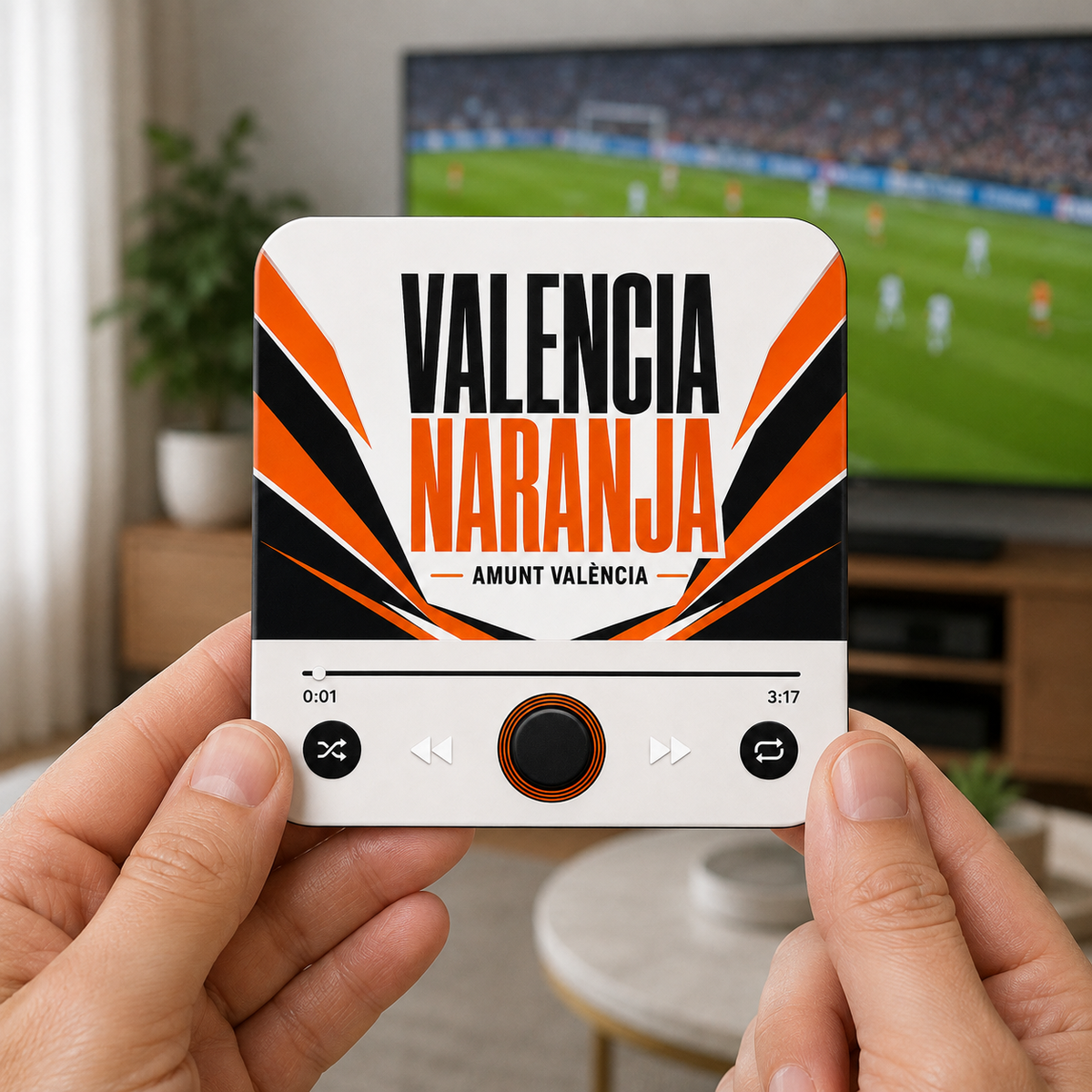 Magnete sonoro da calcio Valencia Naranja — tenuto in mano